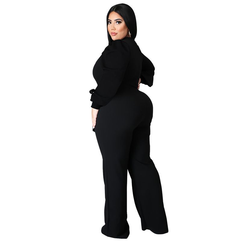 (Black)Plus Size Jumpsuit Women With Sashes  Salsh Neck Solid Color Chic Lantern Sleeve Ladies Long Rompers Wholesale Dropshipping SAB