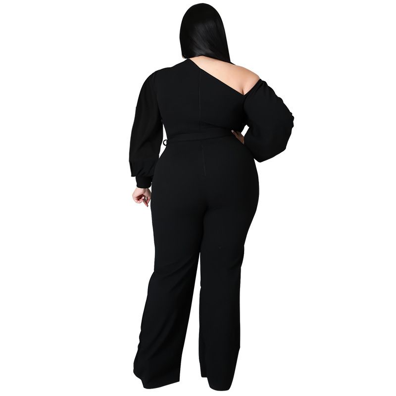 (Black)Plus Size Jumpsuit Women With Sashes  Salsh Neck Solid Color Chic Lantern Sleeve Ladies Long Rompers Wholesale Dropshipping SAB
