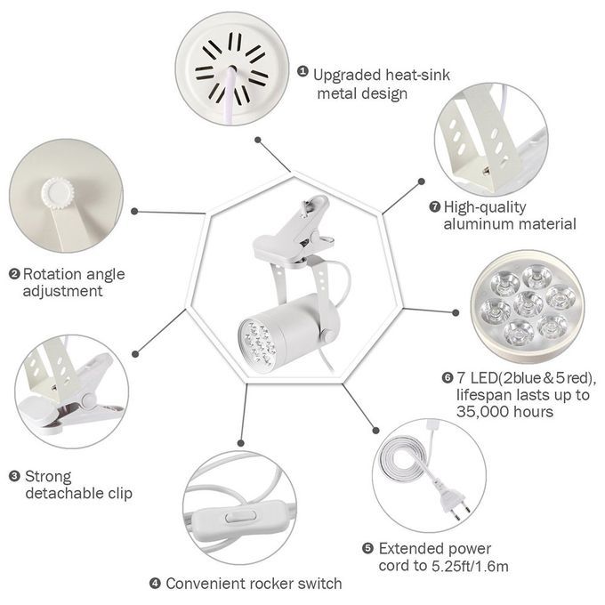 7W LED Plant Grow Light 360 Degree Adjustable Indoor Plant Lights With Clip White