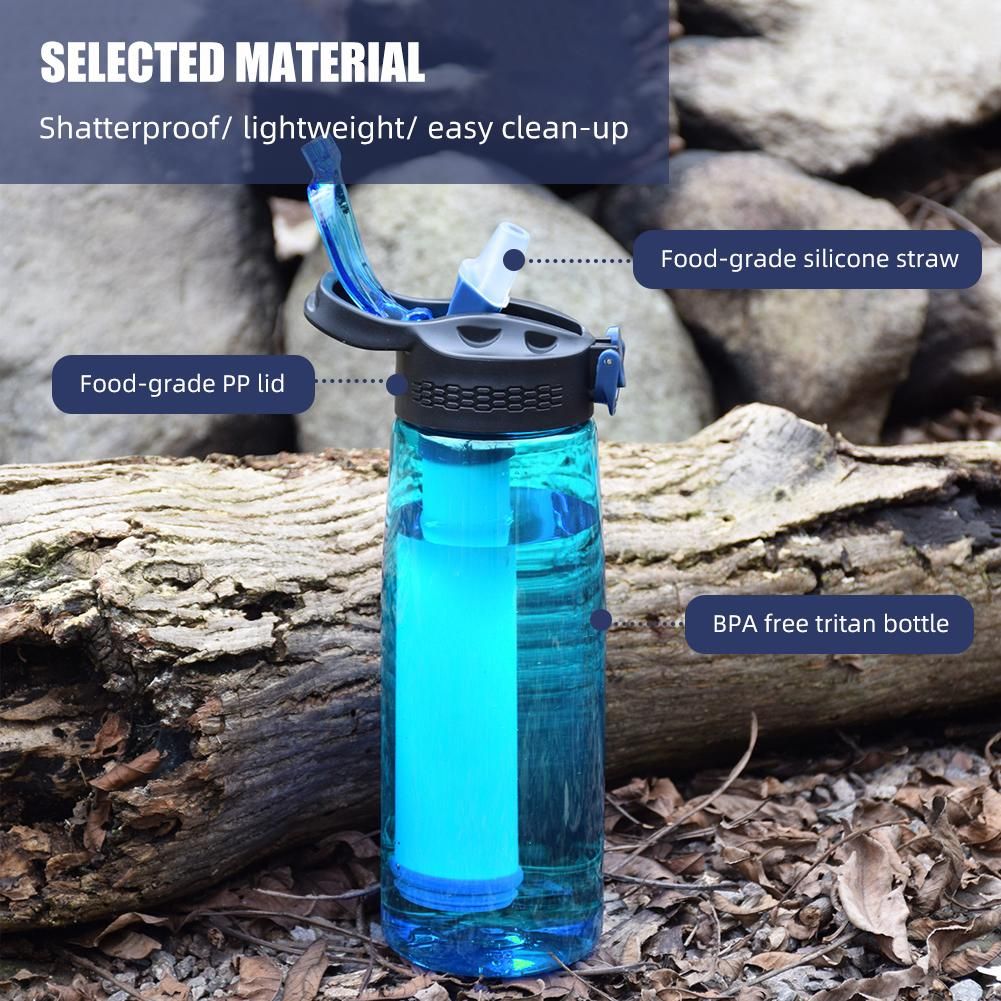 Water Bottle Made of Tritan with Water Filter Lockable Lid BPA Free Water Purifier Bottle for Travel Hiking Camping Travel Emergency Green