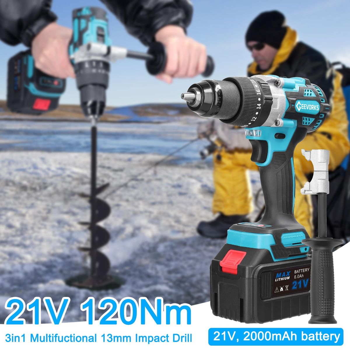 Household 3in1 Multifuctional 13mm Impact Drill 21V 120Nm Hammer Drill Mini Electric Screwdriver Rotation Ways Adjustment 20+1 Gears of Torques Adjustable