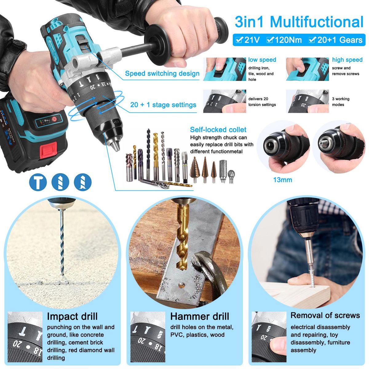 Household 3in1 Multifuctional 13mm Impact Drill 21V 120Nm Hammer Drill Mini Electric Screwdriver Rotation Ways Adjustment 20+1 Gears of Torques Adjustable