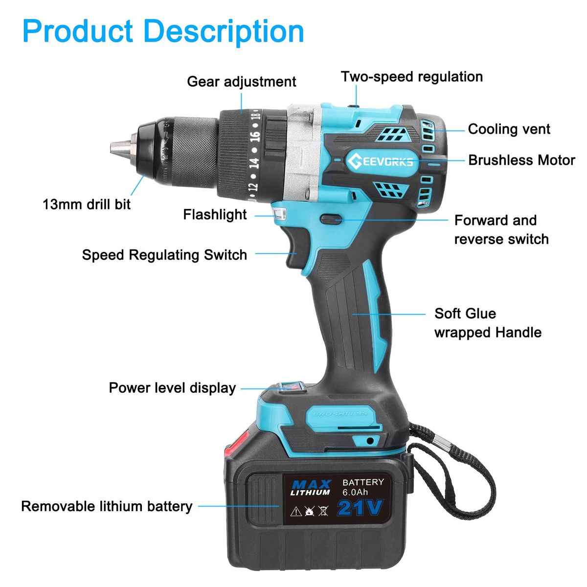 Household 3in1 Multifuctional 13mm Impact Drill 21V 120Nm Hammer Drill Mini Electric Screwdriver Rotation Ways Adjustment 20+1 Gears of Torques Adjustable