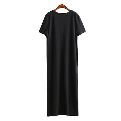 Women Summer Cotton Long Plus Size Sexy Side Slit Casual Maxi T-Shirt Dress Girls O-Neck Short Sleeve Slim Black Beach Maxiskirt