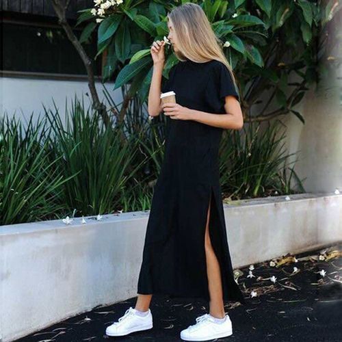 Women Summer Cotton Long Plus Size Sexy Side Slit Casual Maxi T-Shirt Dress Girls O-Neck Short Sleeve Slim Black Beach Maxiskirt