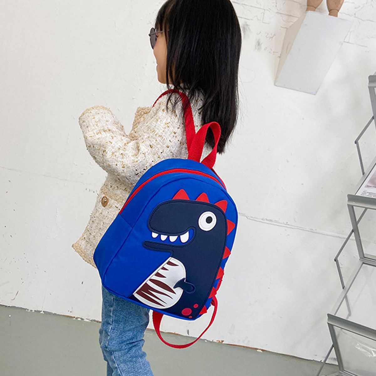 Children Cute Dinosaur School Bags Canvas Backpack For Storage Blue