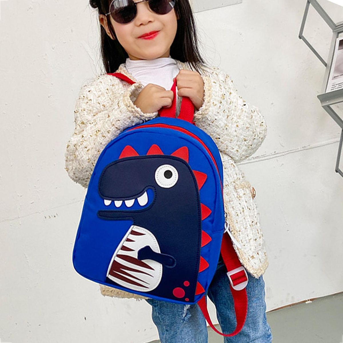 Children Cute Dinosaur School Bags Canvas Backpack For Storage Blue