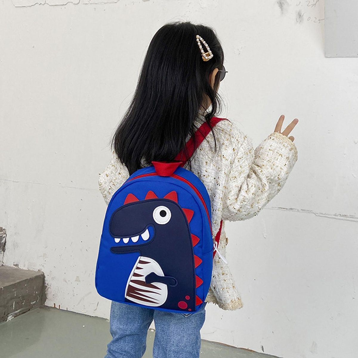 Children Cute Dinosaur School Bags Canvas Backpack For Storage Blue