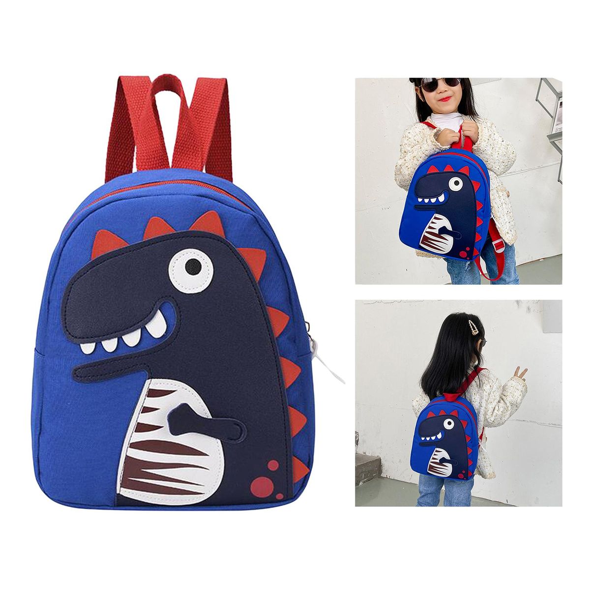 Children Cute Dinosaur School Bags Canvas Backpack For Storage Blue