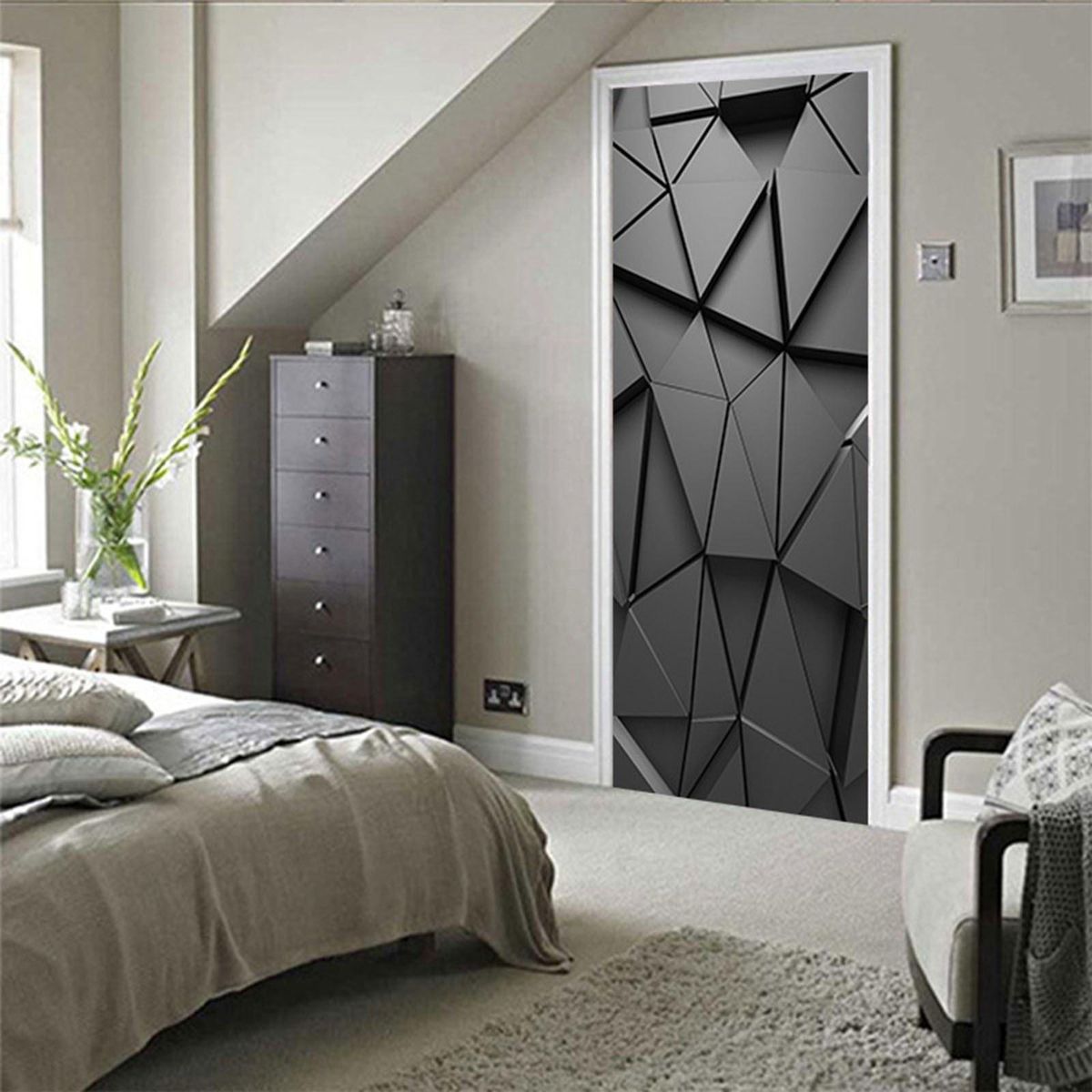 Door Mural 3D Door Cover Modern Door Sticker Waterproof Art Wallpaper Adhesive Door Decal Removable Home Decoration Reusable Door Poster for Home Office Decoration Black GeometrySP-F068 S(38.5x200cmx2Pcs)