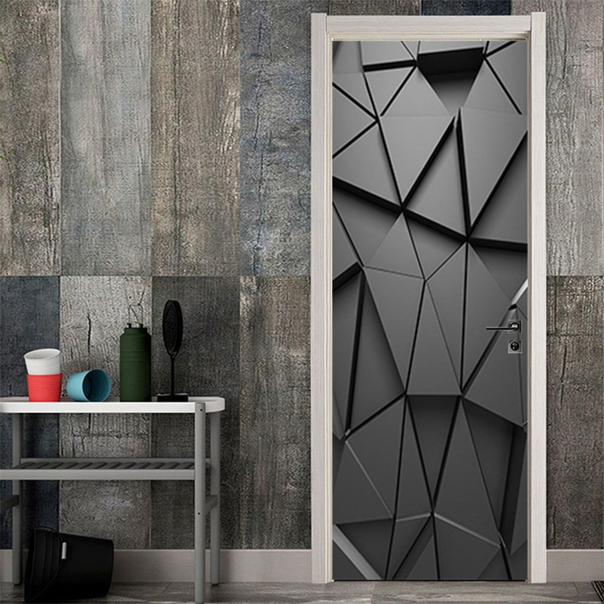 Door Mural 3D Door Cover Modern Door Sticker Waterproof Art Wallpaper Adhesive Door Decal Removable Home Decoration Reusable Door Poster for Home Office Decoration Black GeometrySP-F068 S(38.5x200cmx2Pcs)
