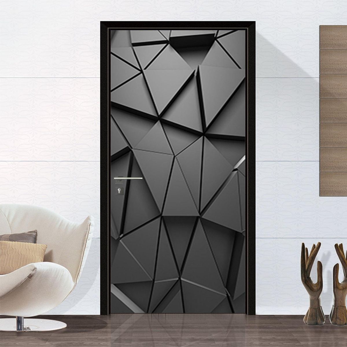 Door Mural 3D Door Cover Modern Door Sticker Waterproof Art Wallpaper Adhesive Door Decal Removable Home Decoration Reusable Door Poster for Home Office Decoration Black GeometrySP-F068 S(38.5x200cmx2Pcs)