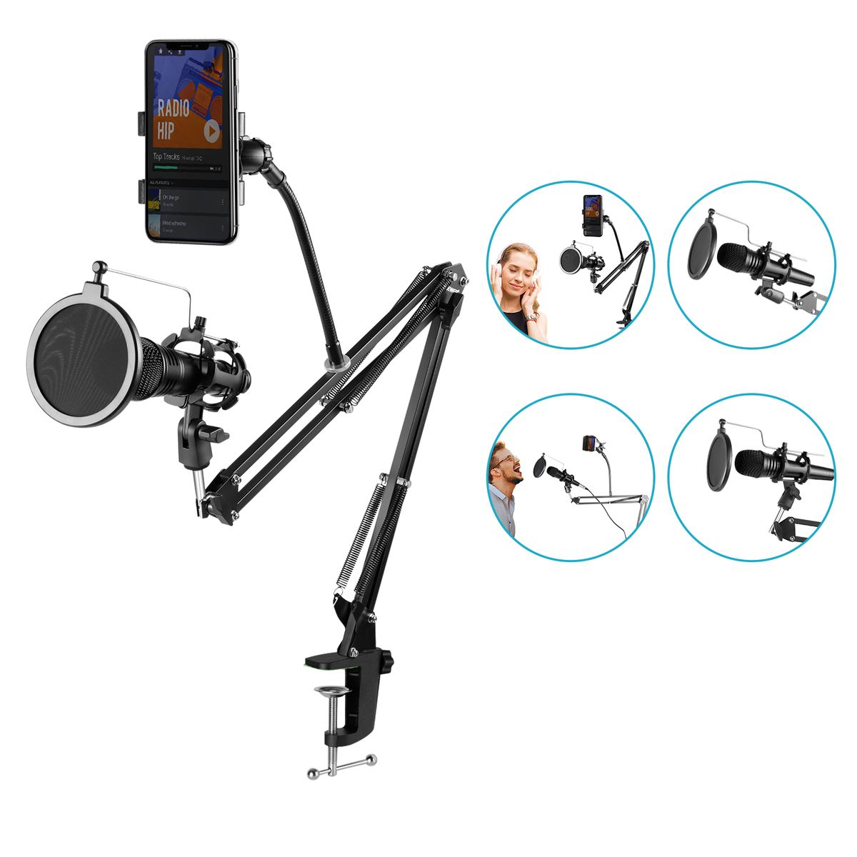 Adjustable Recording Microphone Suspension Boom Scissor Arm Stand With Mic Round Shape Wind Pop Filter Shield, Shock Mount And Phone Holder, Black