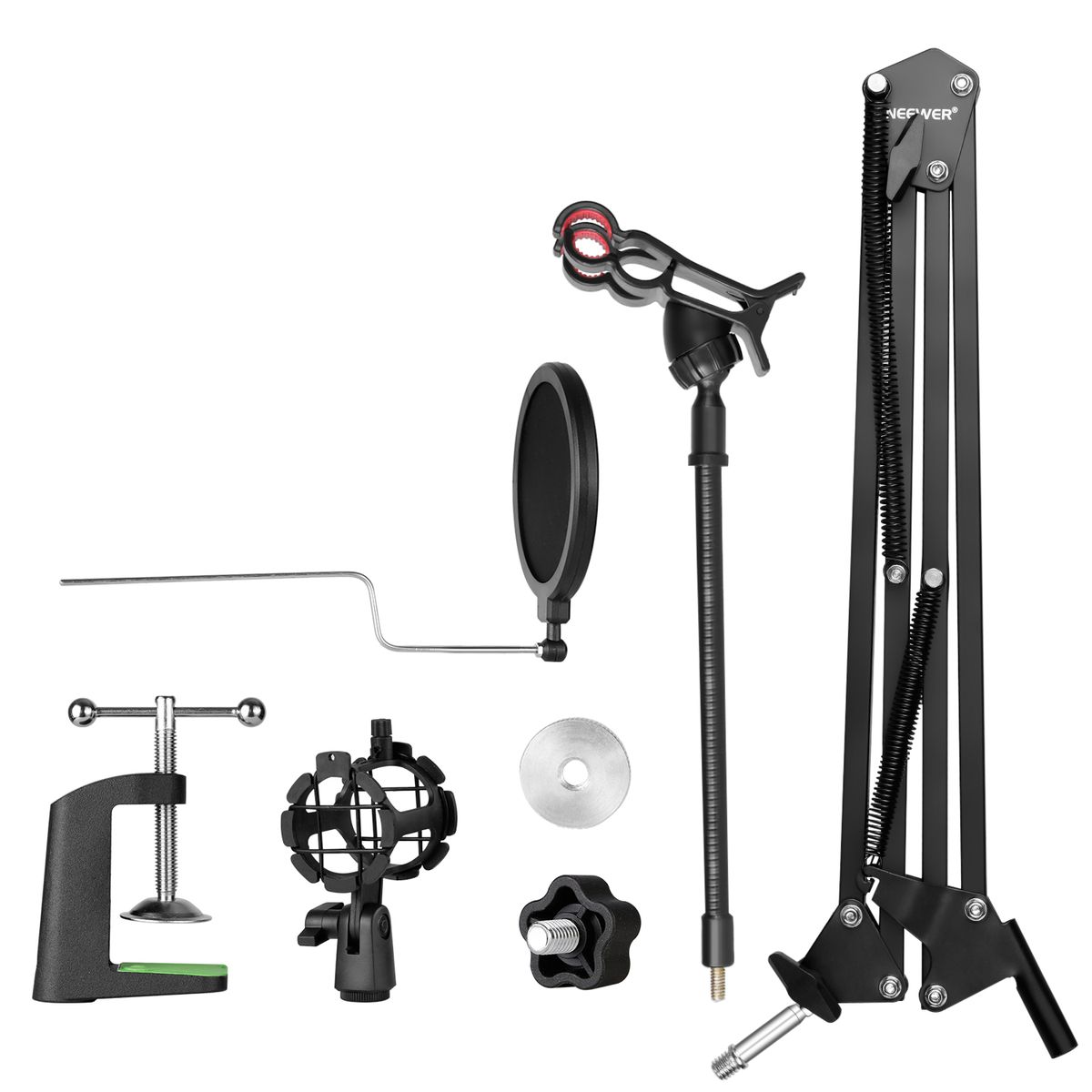 Adjustable Recording Microphone Suspension Boom Scissor Arm Stand With Mic Round Shape Wind Pop Filter Shield, Shock Mount And Phone Holder, Black
