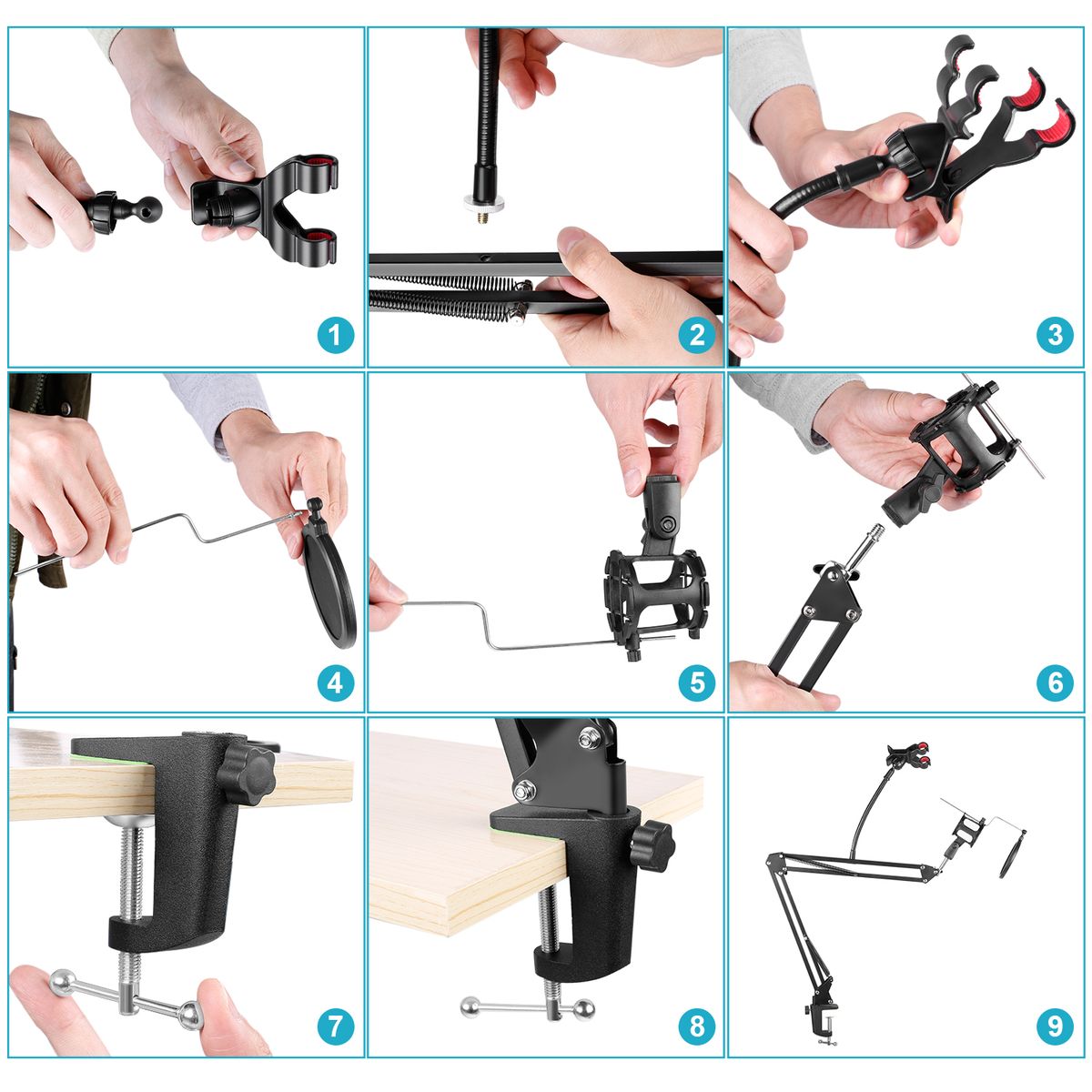 Adjustable Recording Microphone Suspension Boom Scissor Arm Stand With Mic Round Shape Wind Pop Filter Shield, Shock Mount And Phone Holder, Black