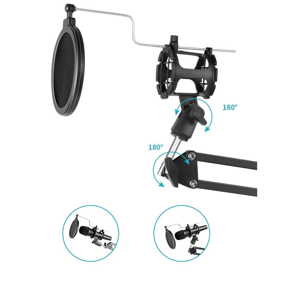 Adjustable Recording Microphone Suspension Boom Scissor Arm Stand With Mic Round Shape Wind Pop Filter Shield, Shock Mount And Phone Holder, Black