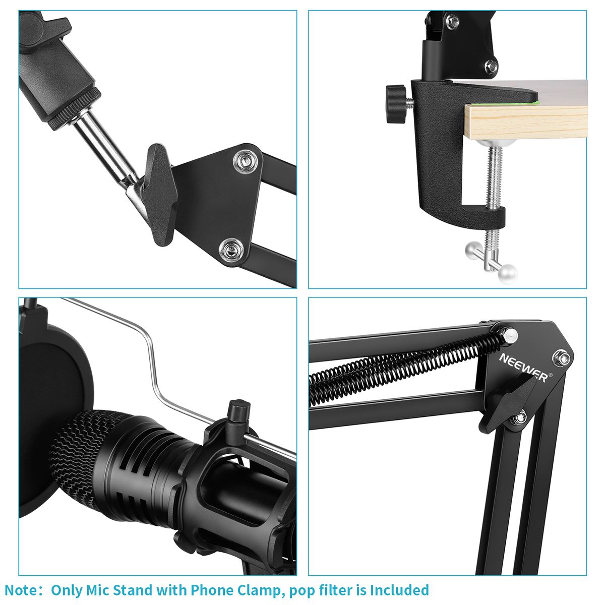 Adjustable Recording Microphone Suspension Boom Scissor Arm Stand With Mic Round Shape Wind Pop Filter Shield, Shock Mount And Phone Holder, Black