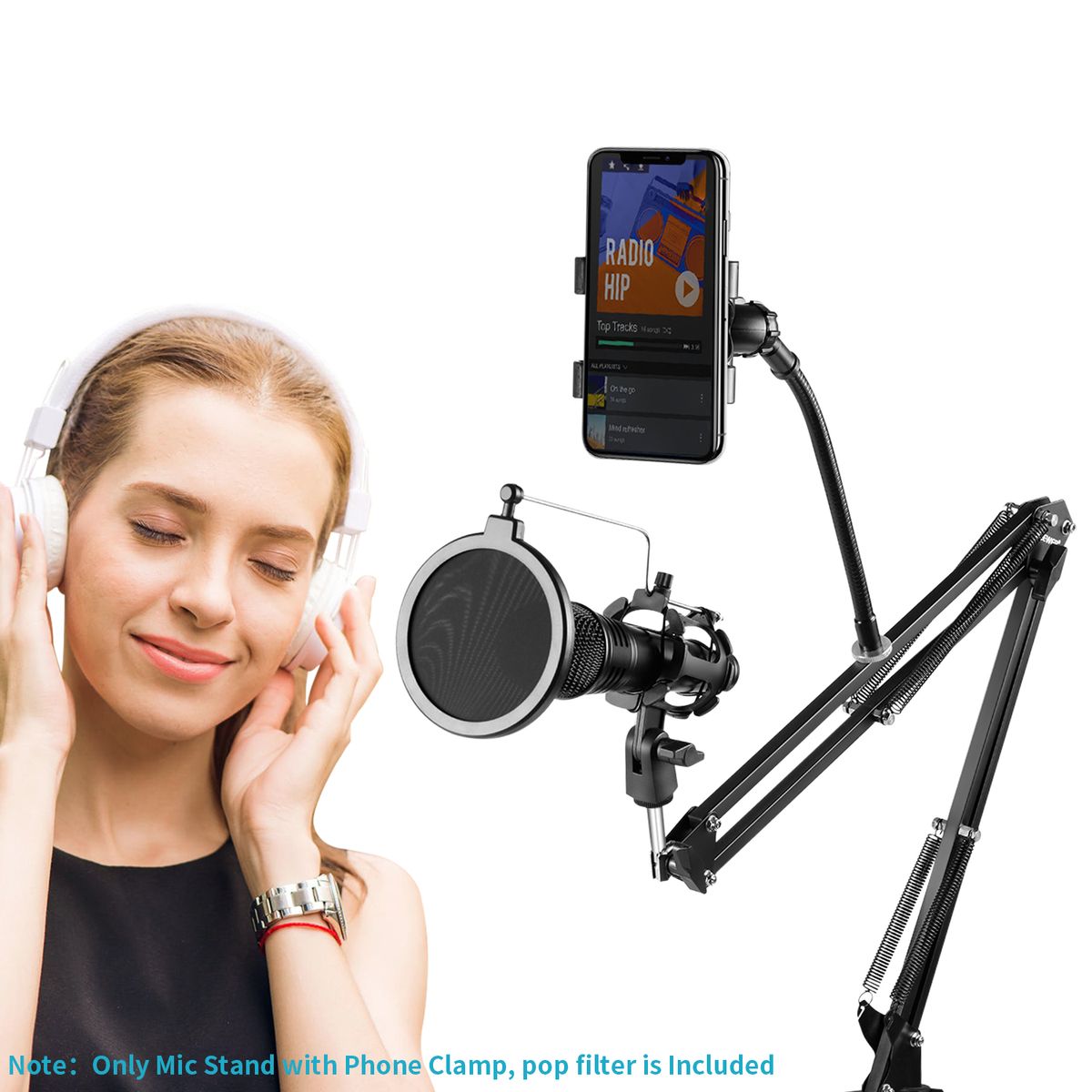 Adjustable Recording Microphone Suspension Boom Scissor Arm Stand With Mic Round Shape Wind Pop Filter Shield, Shock Mount And Phone Holder, Black