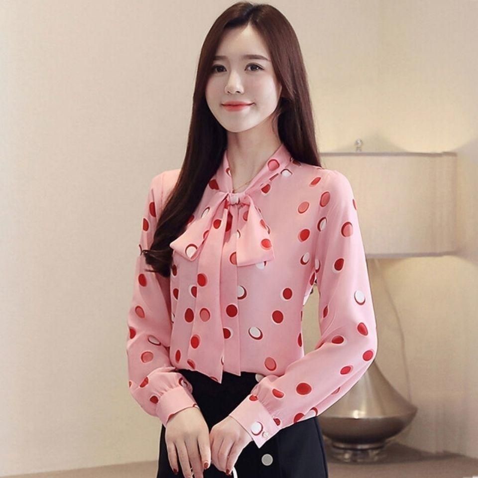 Korean Style 2020 Summer New Lace-up Bow Fashion Big Polka Dot Printed Lady Long Sleeve Chiffon Shirt Women's Fashion