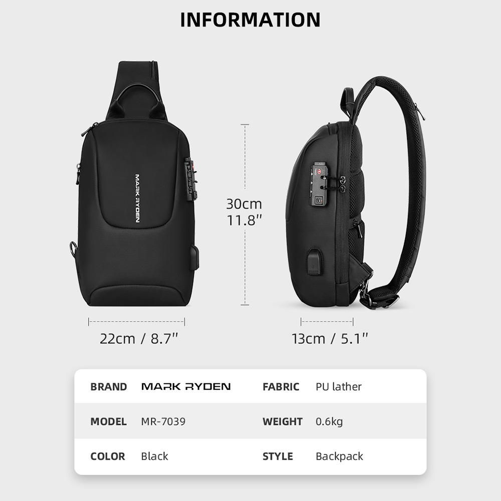 MARK RYDEN TSA Lock Crossbody Men Bag Waterproof USB Charge Chest Pack Short Travel Messengers Chest Shoulder Bag Men