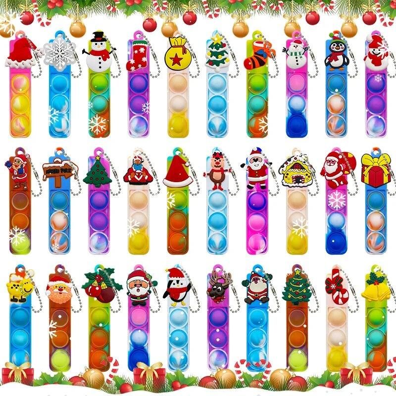 24PCS Christmas Mini Keychain Fidget Toy DIY Snowman Christmas Stocking Push Bubble Key Ring Christmas 24 Day Gifts Bag For Kids