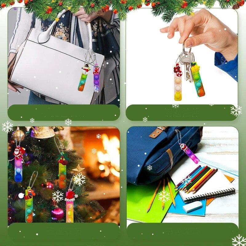 24PCS Christmas Mini Keychain Fidget Toy DIY Snowman Christmas Stocking Push Bubble Key Ring Christmas 24 Day Gifts Bag For Kids