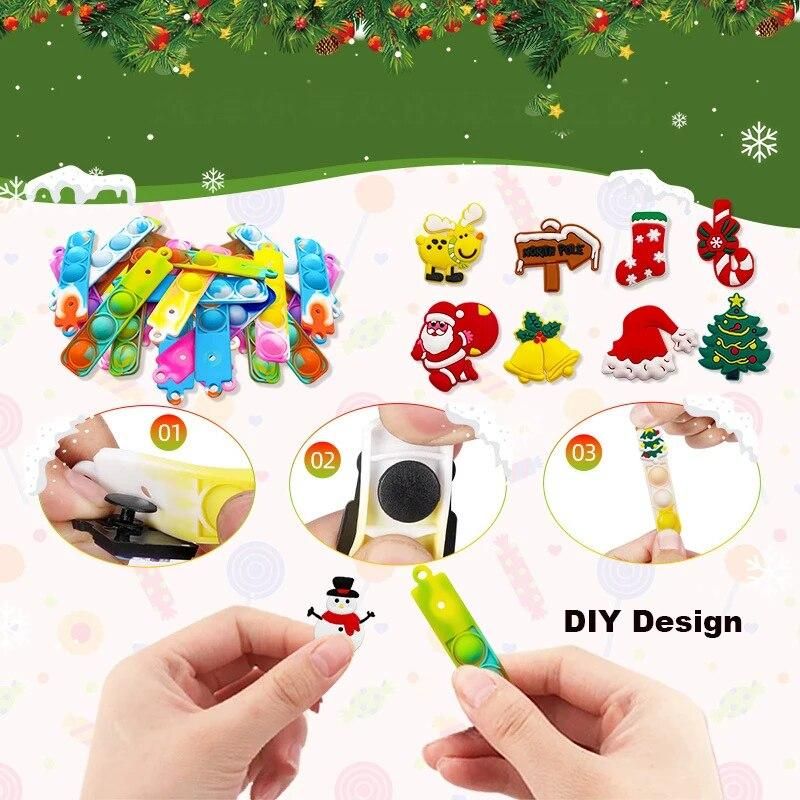 24PCS Christmas Mini Keychain Fidget Toy DIY Snowman Christmas Stocking Push Bubble Key Ring Christmas 24 Day Gifts Bag For Kids
