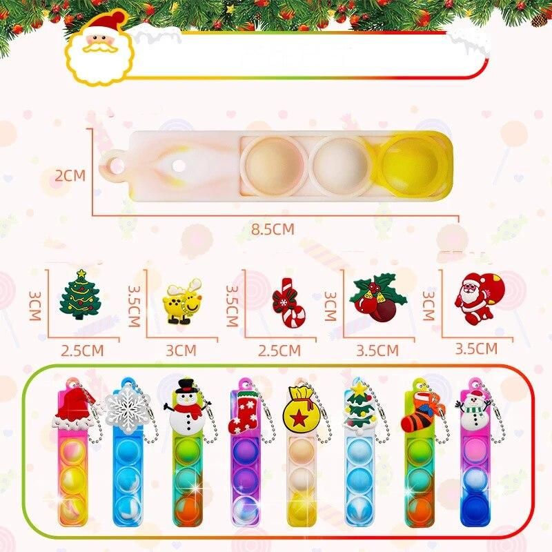 24PCS Christmas Mini Keychain Fidget Toy DIY Snowman Christmas Stocking Push Bubble Key Ring Christmas 24 Day Gifts Bag For Kids
