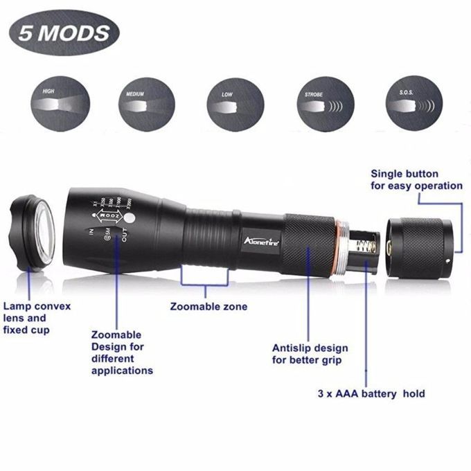 FFY 3800LM CREE XML T6 LED Flashlight Torchlight Tactical AluminumWaterproof Zoomable For EU Charger +AAA Holder+Protective Case Box(Black)
