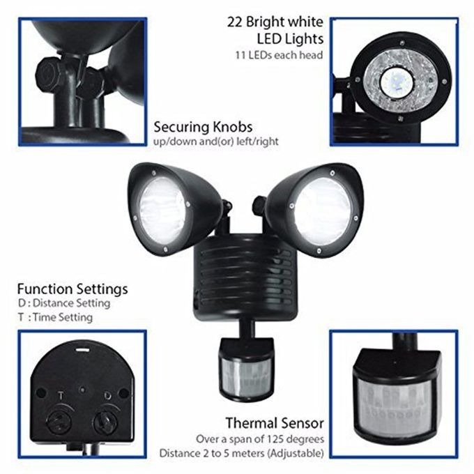 22LED Dual Security Detector Solar Spot Light Motion Sensor Outdoor Floodlight Black