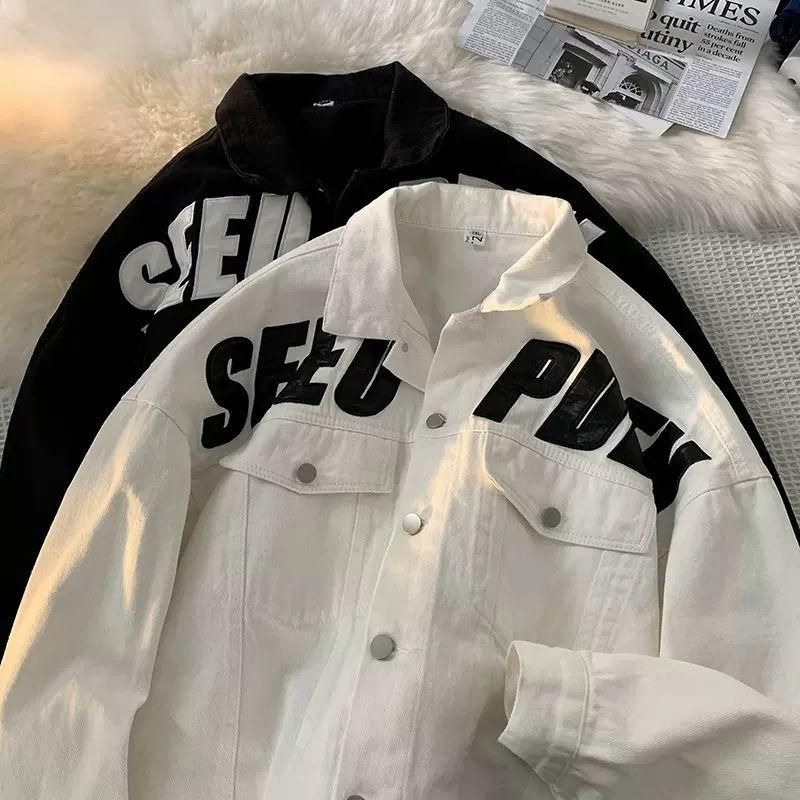 26 Embroidered Denim Jacket Men's Spring and Autumn Fashion Brand Ins Fashion Handsome Retro Oversize High Street Workwear Jacket