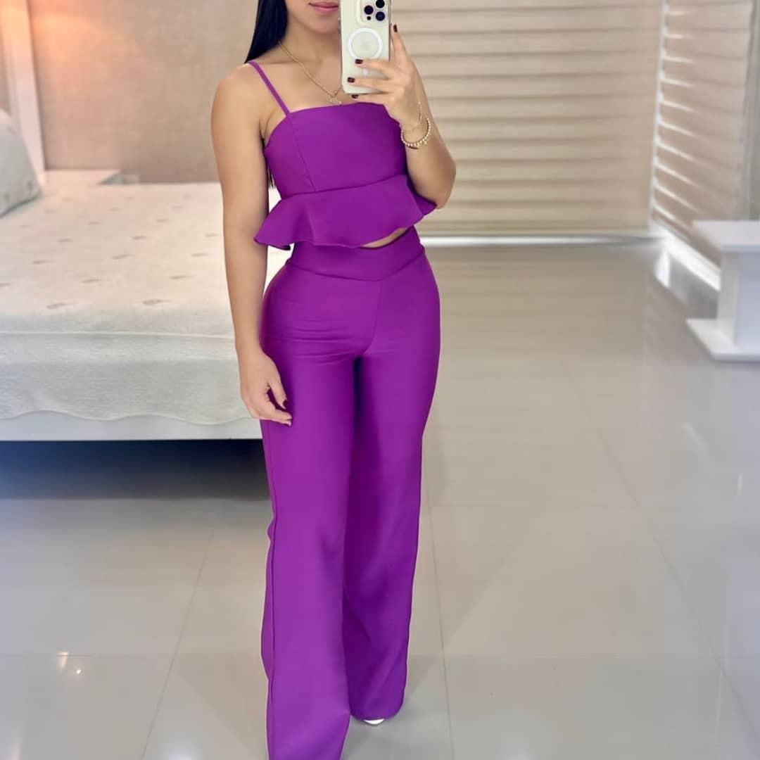 Women's 2023 New Line Bra Strap with Ruffle Hem High Waist Straight Leg Pants Fashion Casual Set