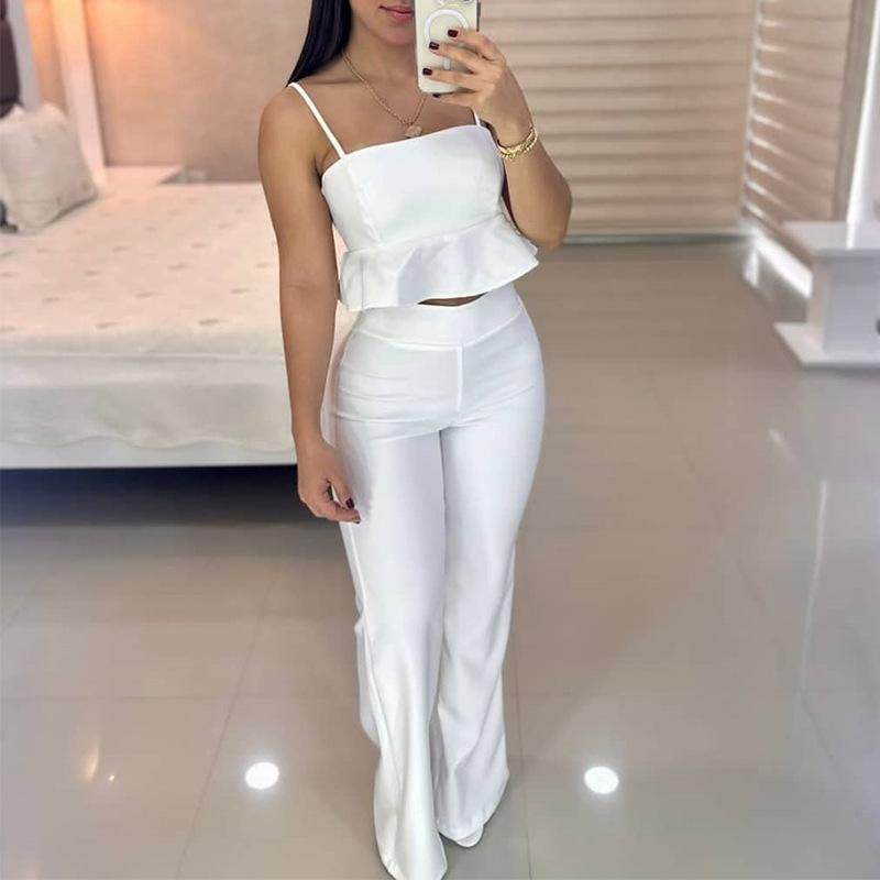 Women's 2023 New Line Bra Strap with Ruffle Hem High Waist Straight Leg Pants Fashion Casual Set