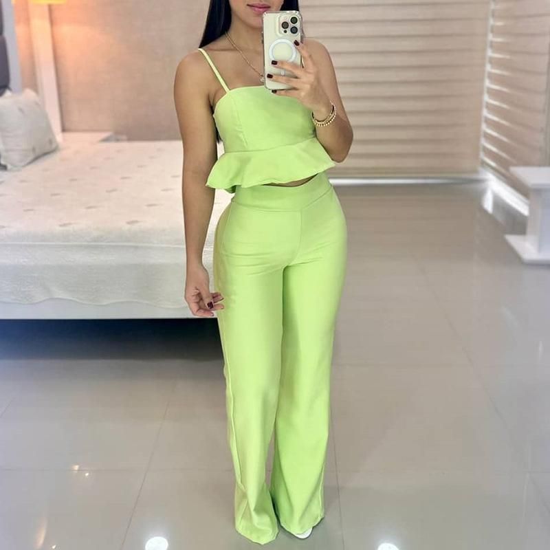Women's 2023 New Line Bra Strap with Ruffle Hem High Waist Straight Leg Pants Fashion Casual Set