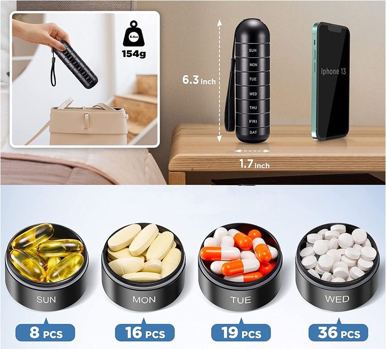 Sealed Waterproof 7 Days Split Aluminum Alloy Metal Pill Box Weekly Medicine Case Splitter Tablet Storage Organizer Container Greay