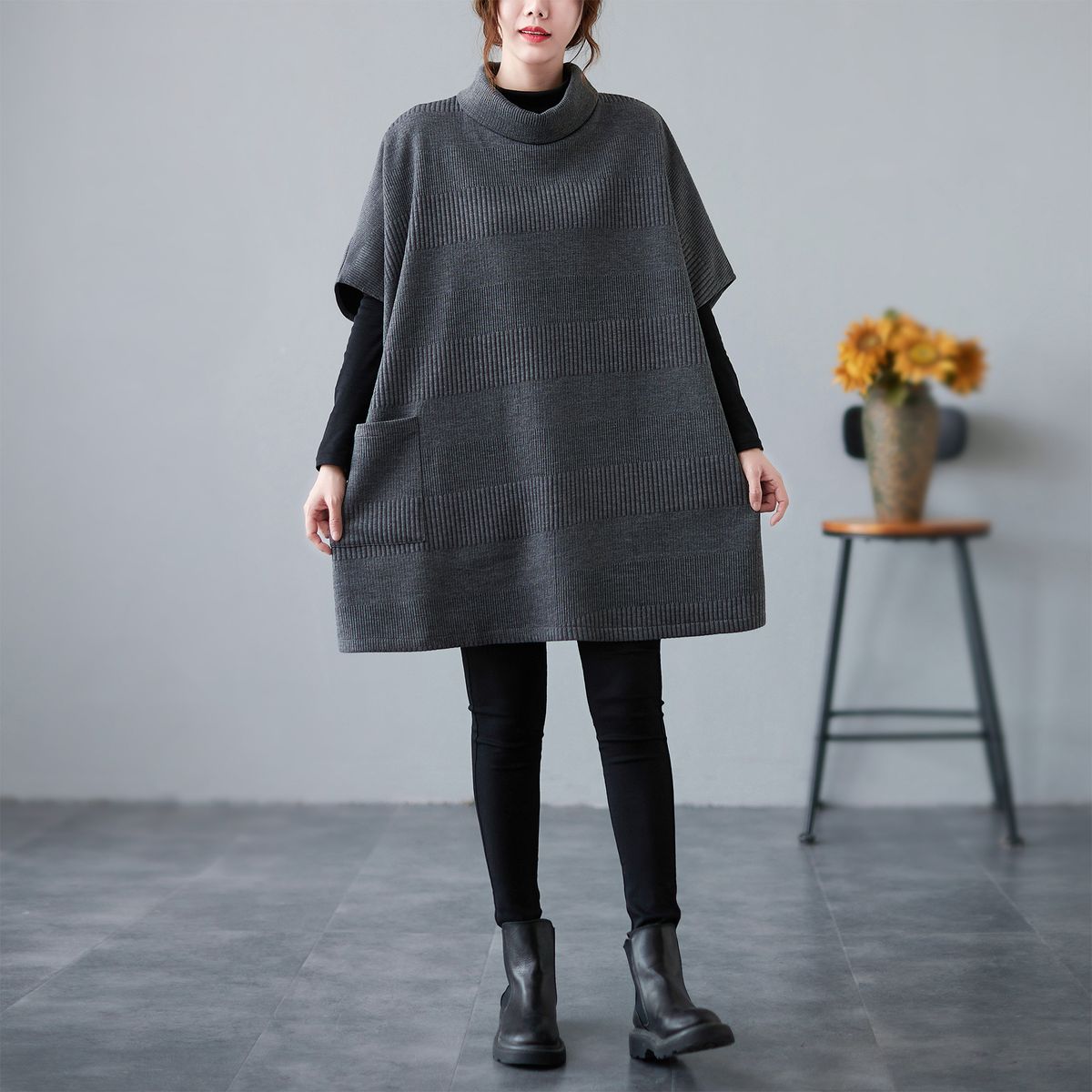 Women Sweater With Pocket Turtleneck Half Sleeves