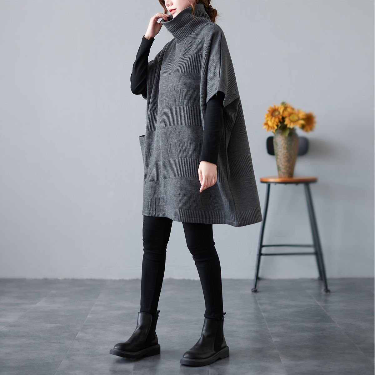 Women Sweater With Pocket Turtleneck Half Sleeves