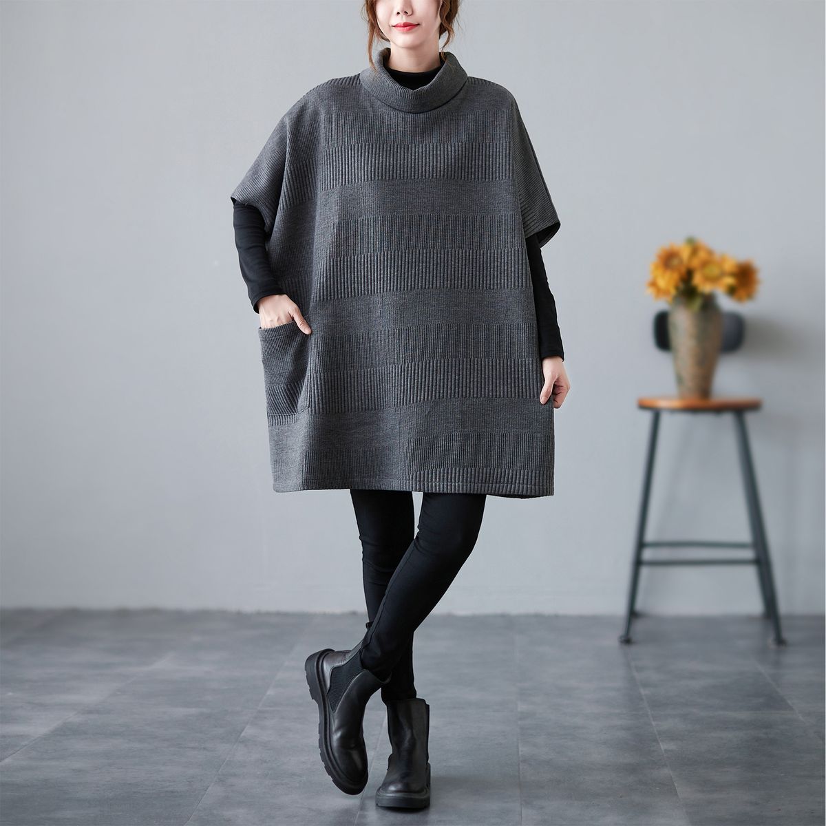 Women Sweater With Pocket Turtleneck Half Sleeves