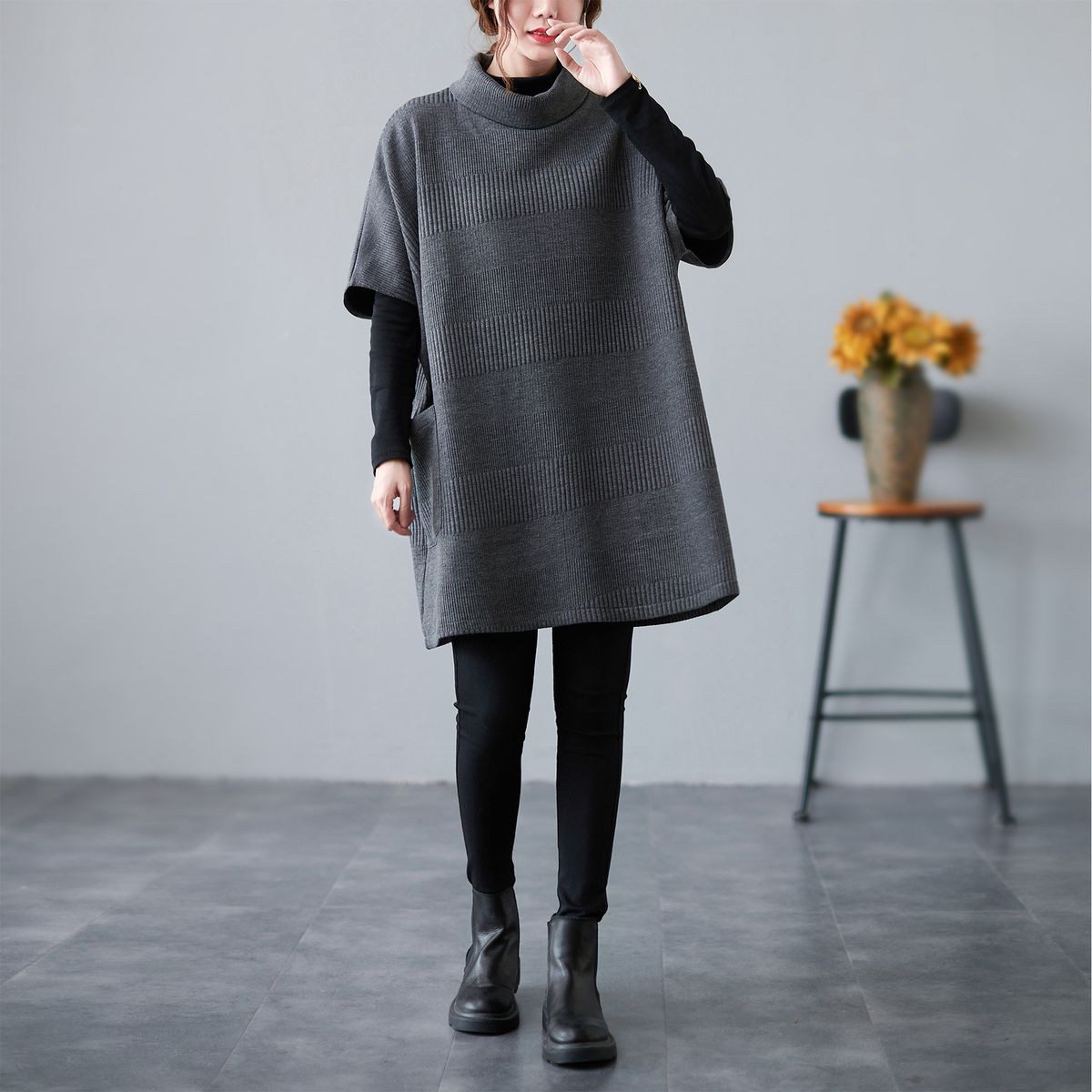 Women Sweater With Pocket Turtleneck Half Sleeves