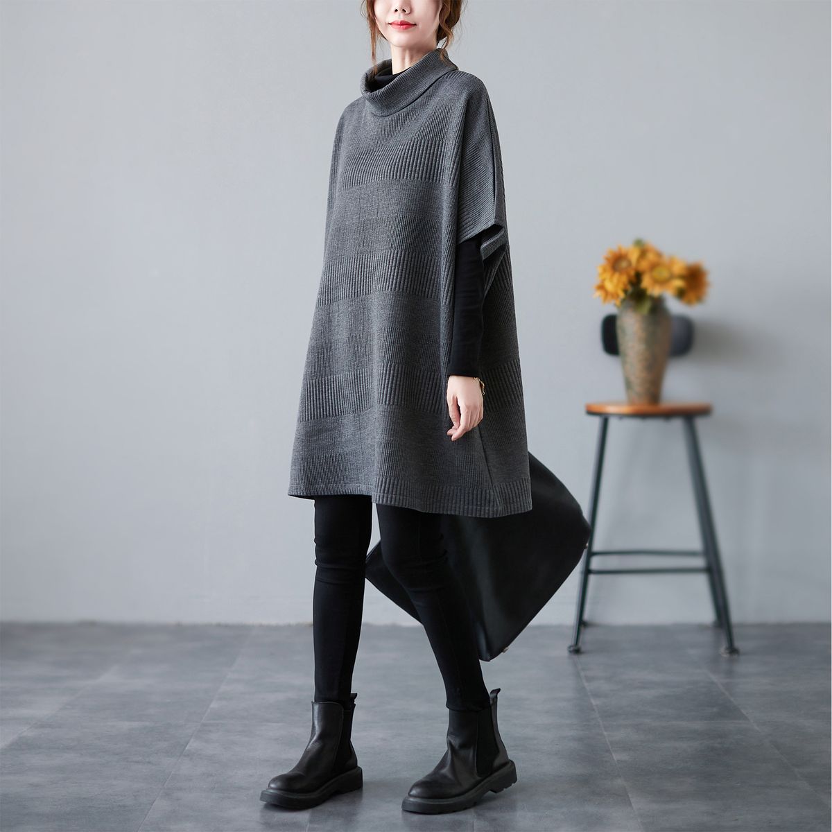 Women Sweater With Pocket Turtleneck Half Sleeves