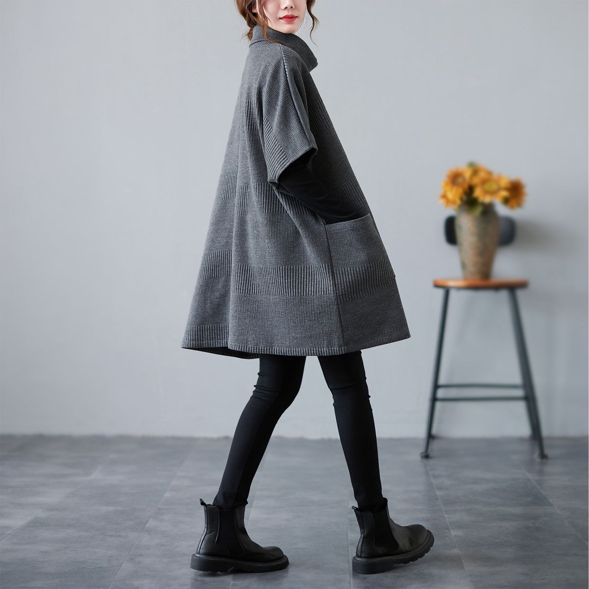 Women Sweater With Pocket Turtleneck Half Sleeves