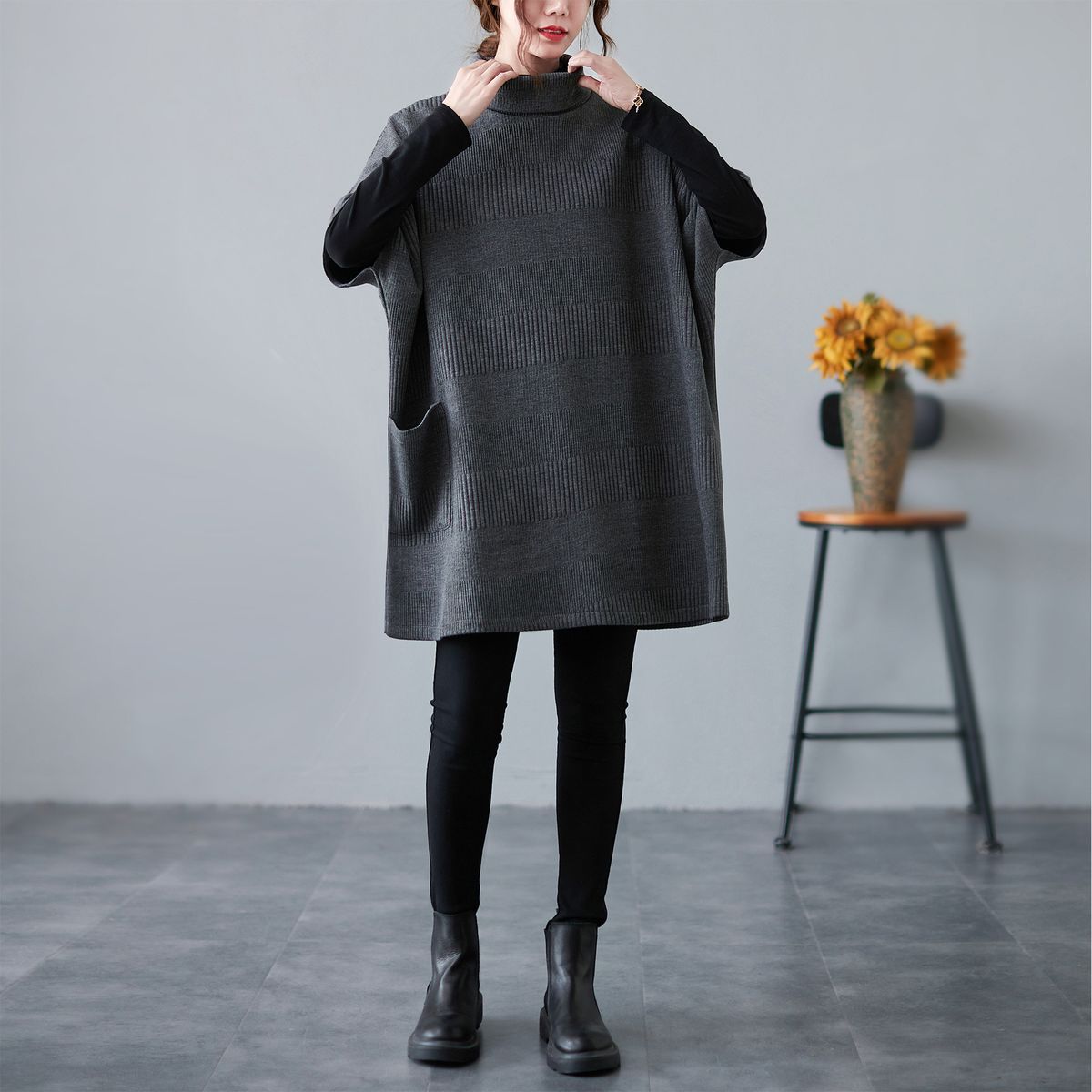Women Sweater With Pocket Turtleneck Half Sleeves