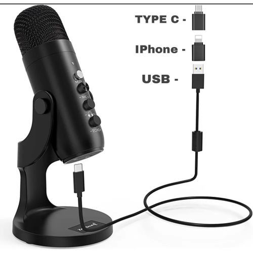 Microphone Podcast Microphone Audio Video Recording Laptop USB Mic + Type C & Iphone OTG Adapter