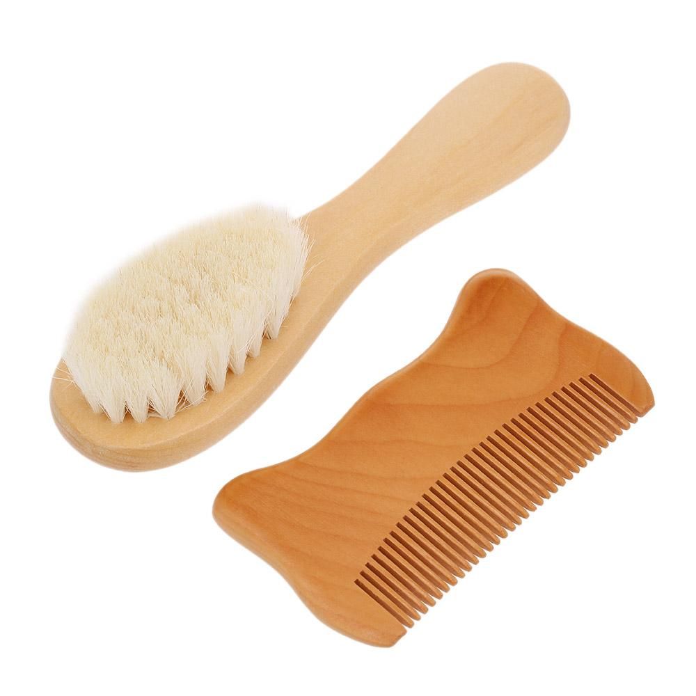 2pcs/Set Baby Hair Brush Comb Natural Wool Wooden Hairbrush Newborn Infant Comb Head Massager Baby Grooming Kit
