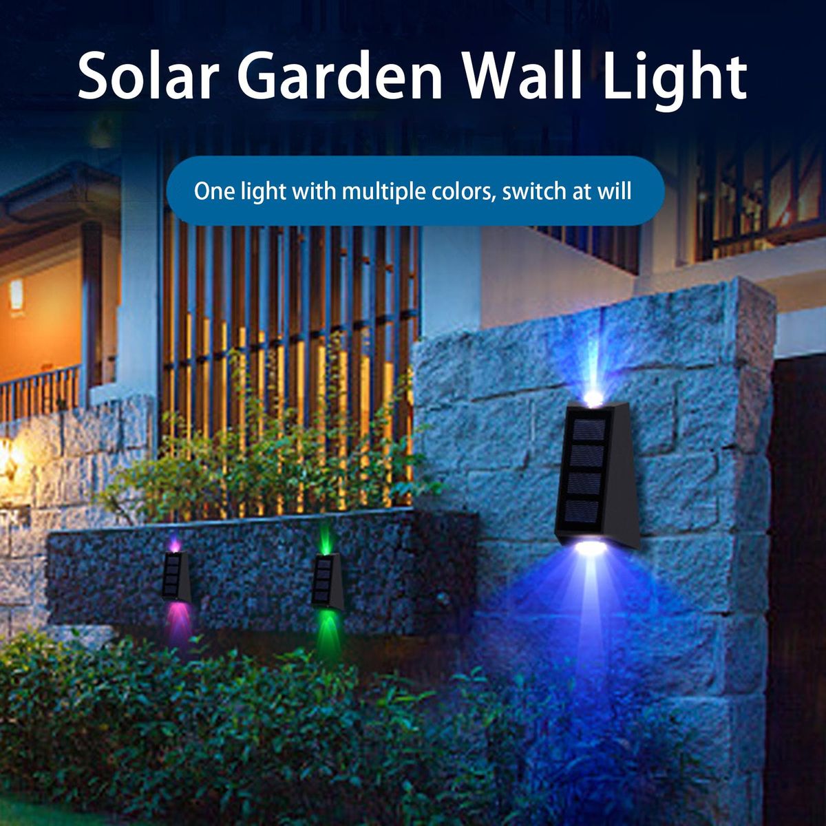 2Pcs Outdoor Fence Lights Solar-Powered Lamps Landscape Up Down Lights Multicolor