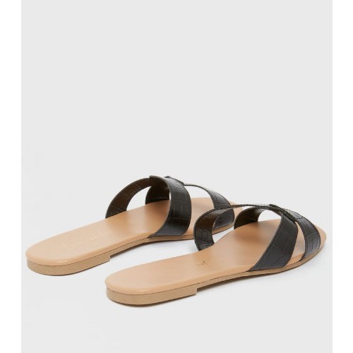 Black Faux Croc Twist Strap Sliders