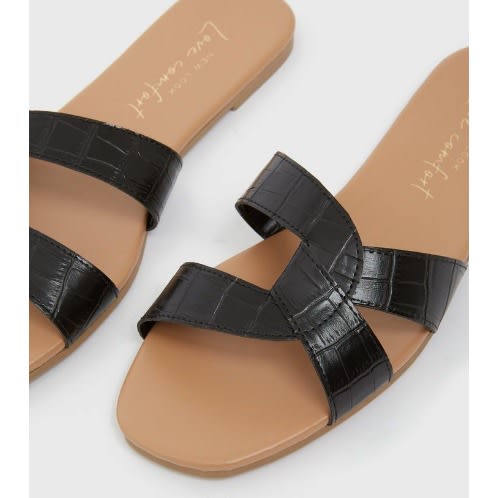 Black Faux Croc Twist Strap Sliders