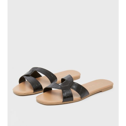 Black Faux Croc Twist Strap Sliders