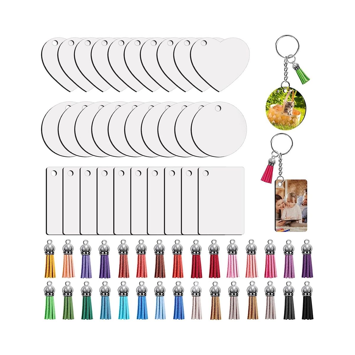 Sublimation Key Ring Blanks Set with Heat Transfer MDF Blank 3 Shapes Tassels Pendant Jump Rings Key Ring with Chain