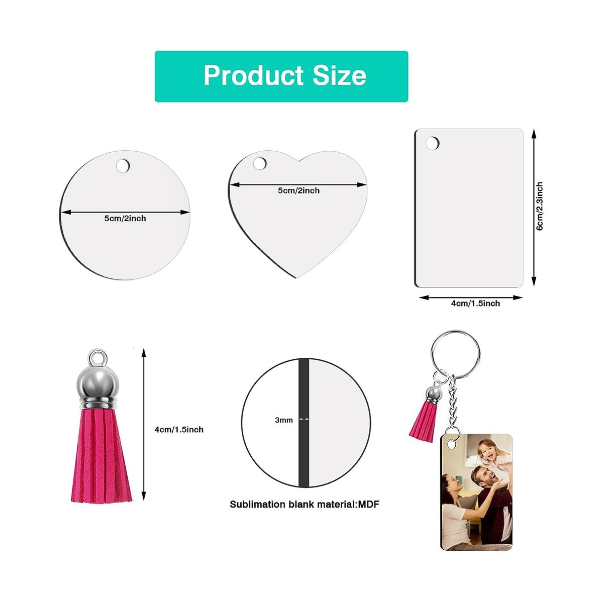 Sublimation Key Ring Blanks Set with Heat Transfer MDF Blank 3 Shapes Tassels Pendant Jump Rings Key Ring with Chain